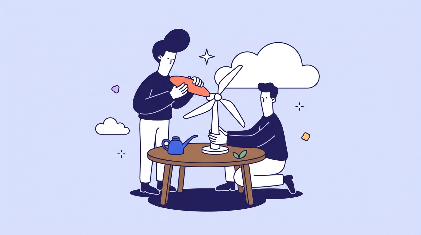 Two characters fitting a new coral blade onto a small white tabletop windmill