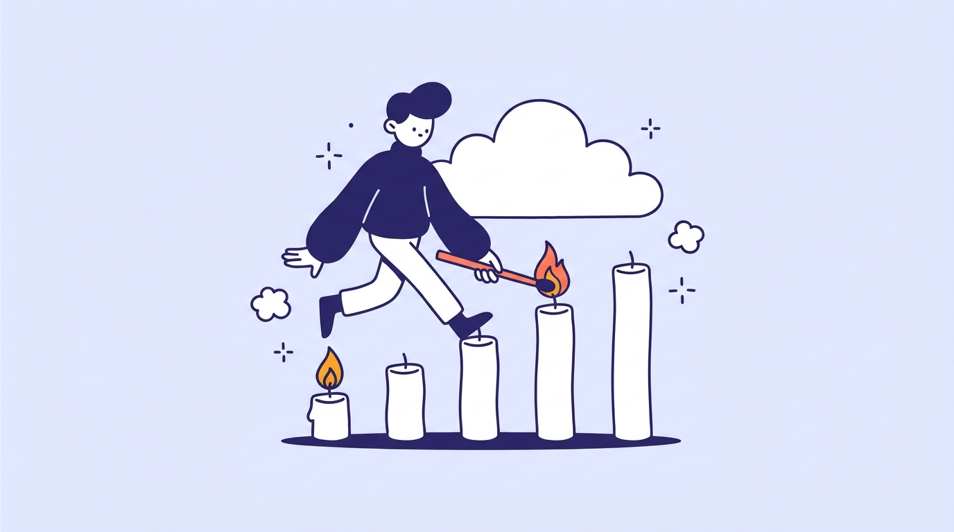 Character lighting a row of candles of increasing height one by one with a long coral match