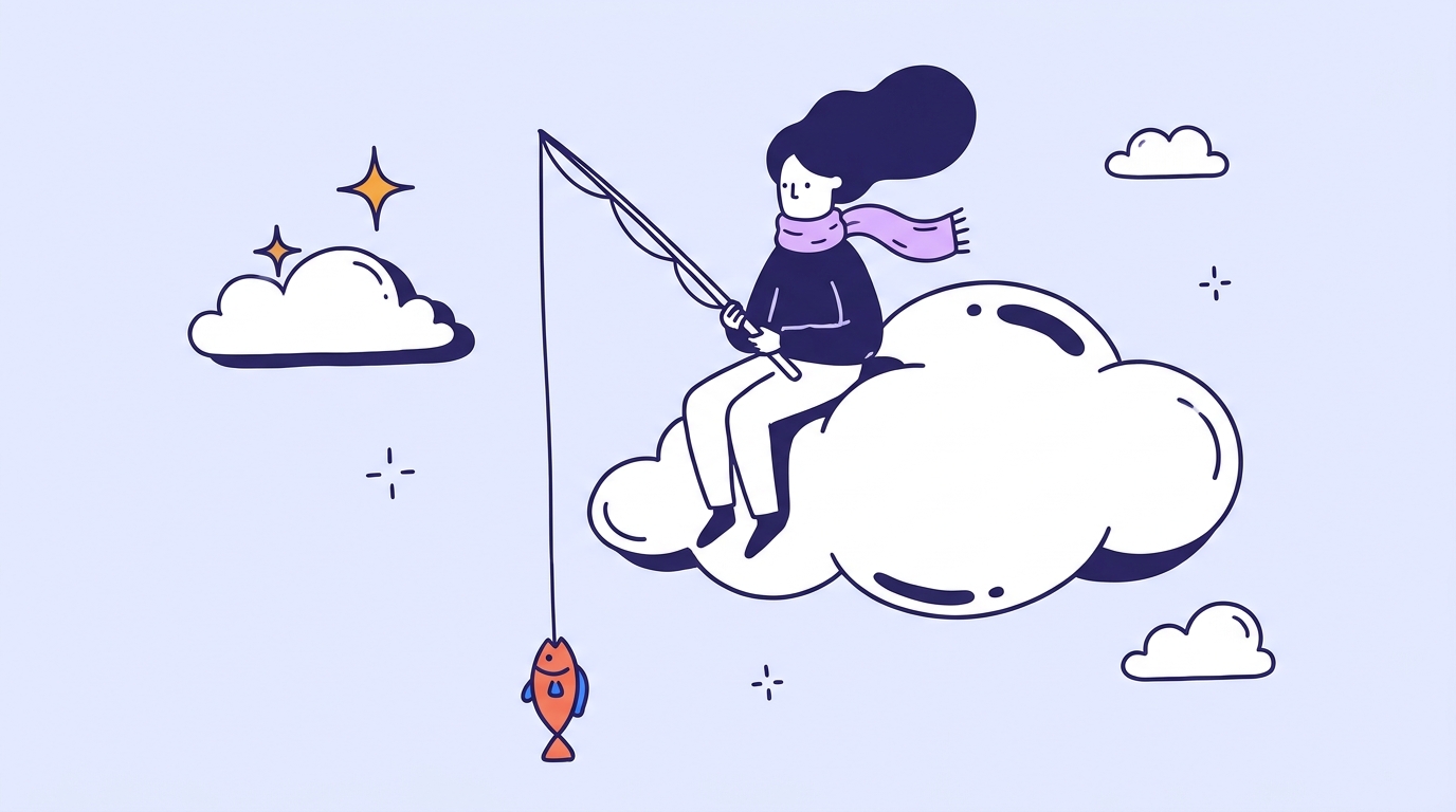 Character sitting on a puffy cloud fishing, with one coral fish caught on the line