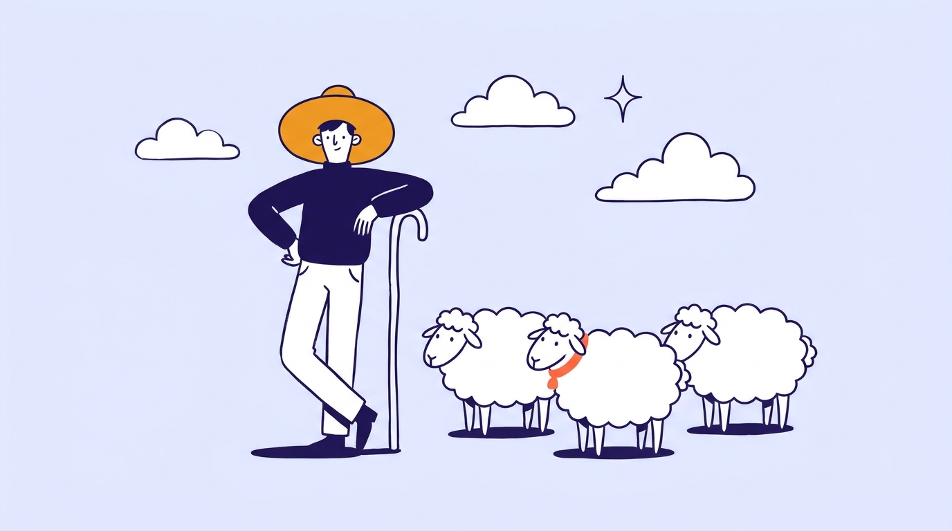 Shepherd with a staff watching three white sheep, the middle one wearing a coral collar