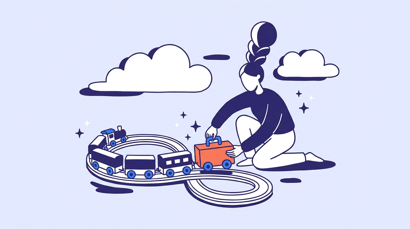 Character clipping a new coral carriage onto a wooden toy train running on a looped track