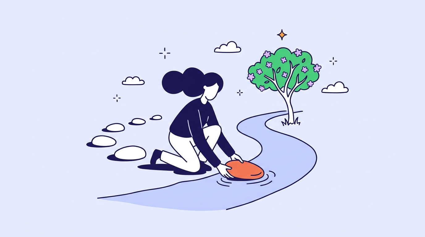 Character setting the next stepping stone of a path across a stream toward a small blossoming tree on the far bank