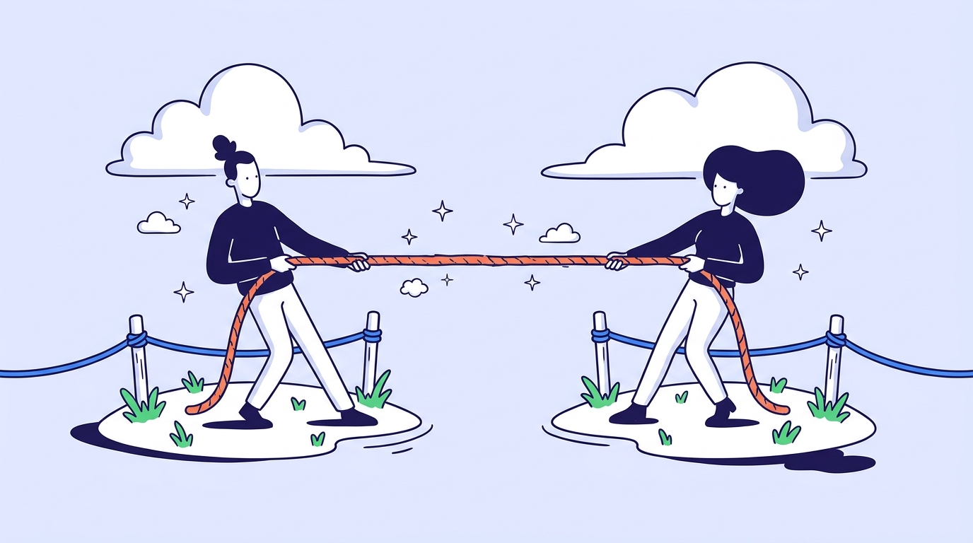 Two characters tying a thick rope between two small islands