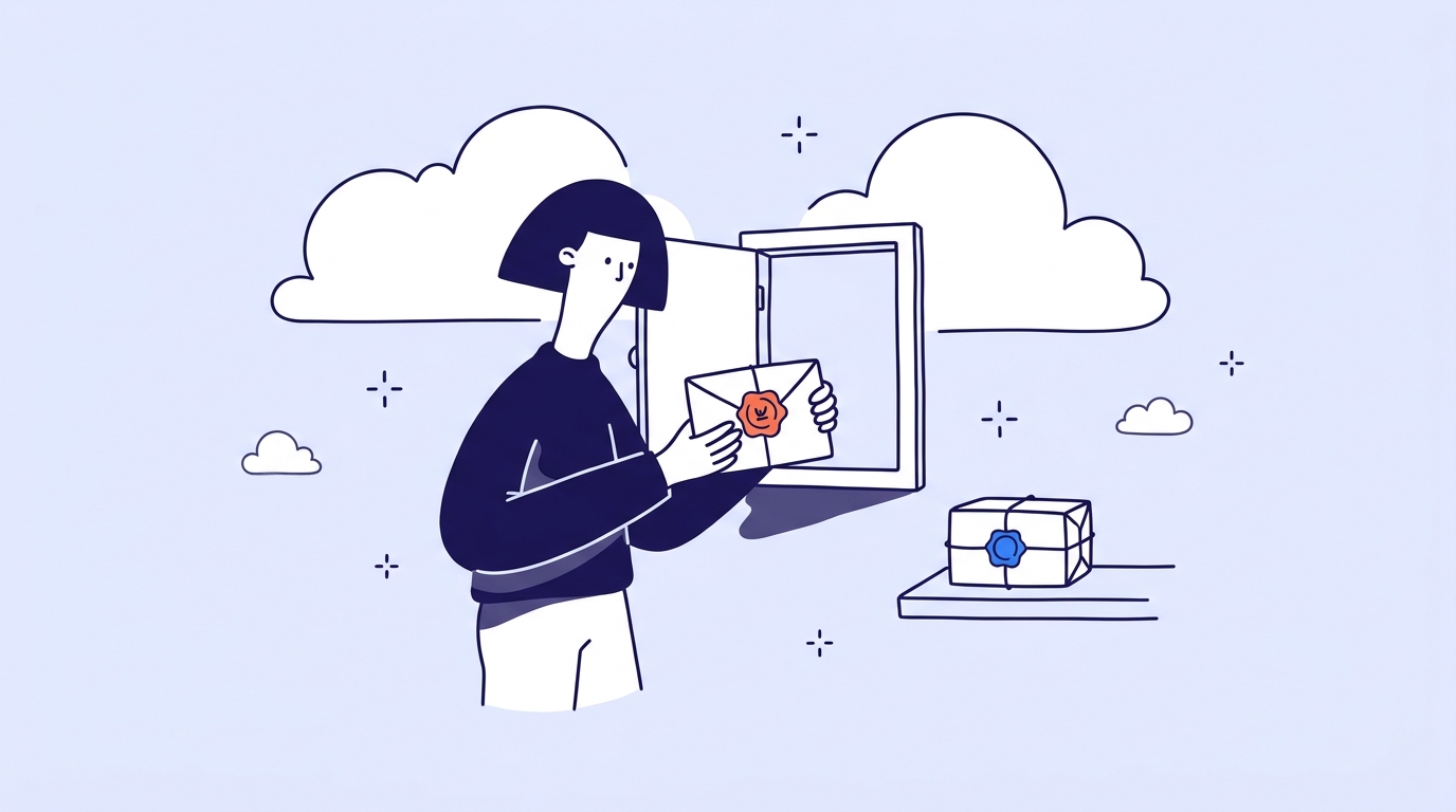 A character checking the wax seal on a parcel received through a wall hatch