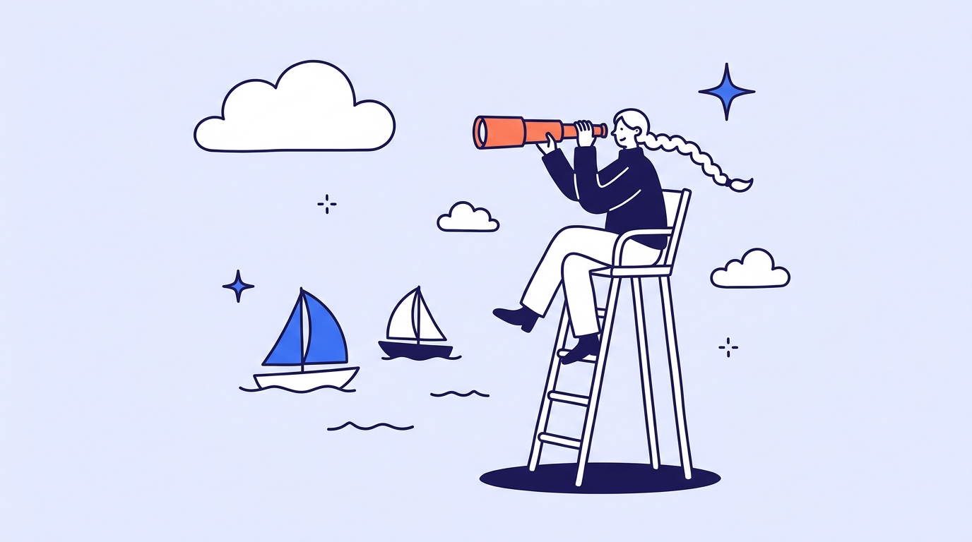 A character in a tall lifeguard chair watching sailing boats through a telescope