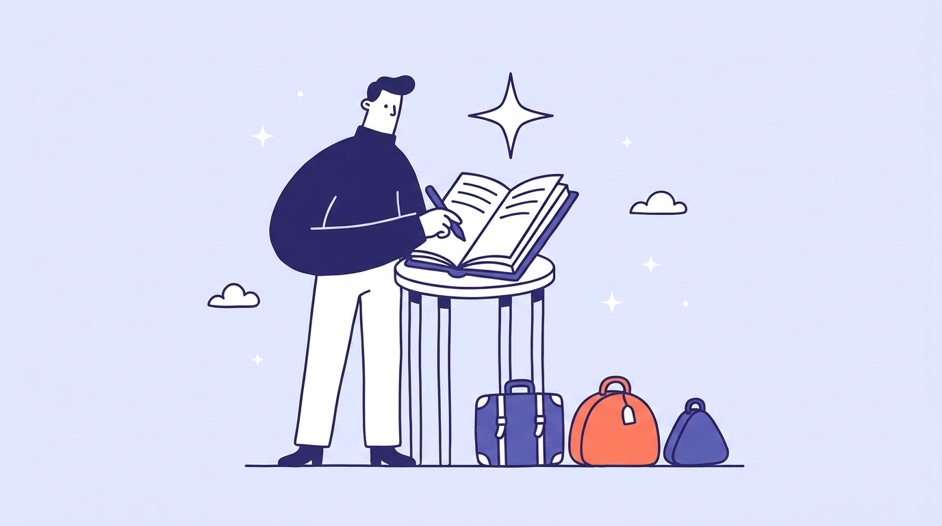 A receptionist character writing in a large appointment book beside a queue of small suitcases