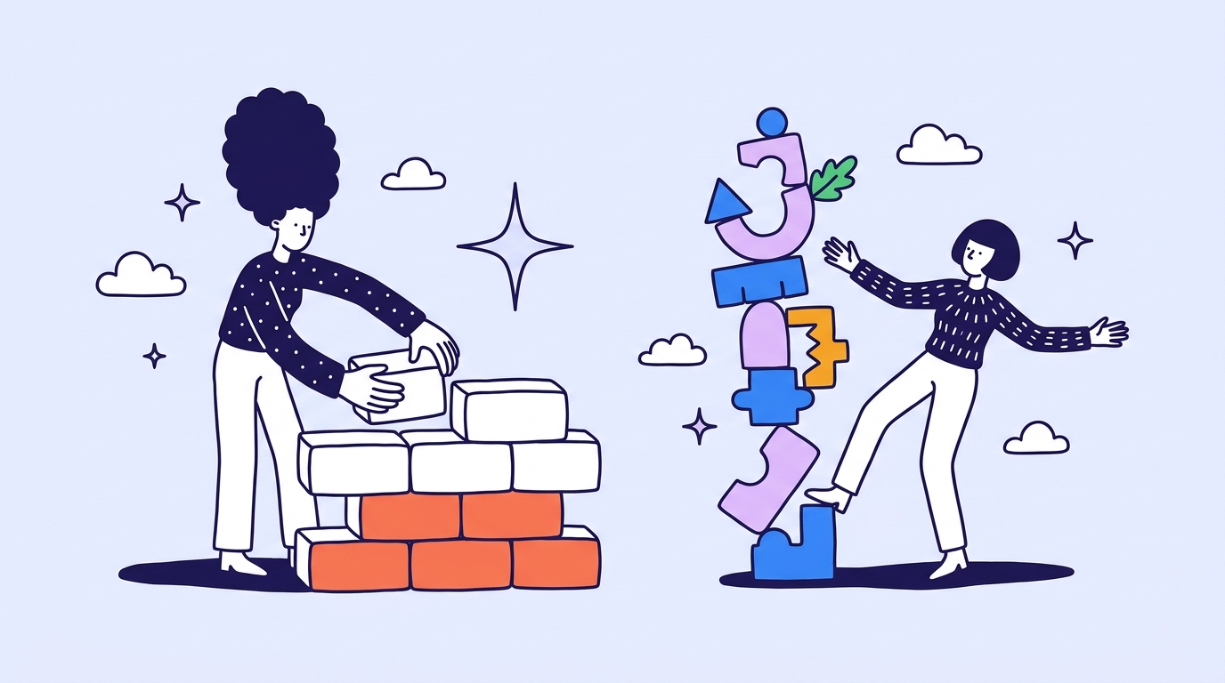 One character builds a sturdy wall of plain blocks while another balances a wobbly tower of odd shapes