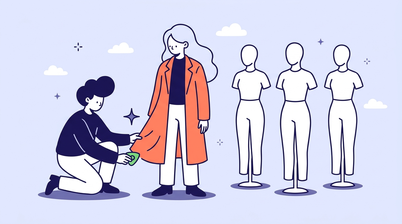 Tailor marking a custom coral jacket on a character beside three identical white mannequins