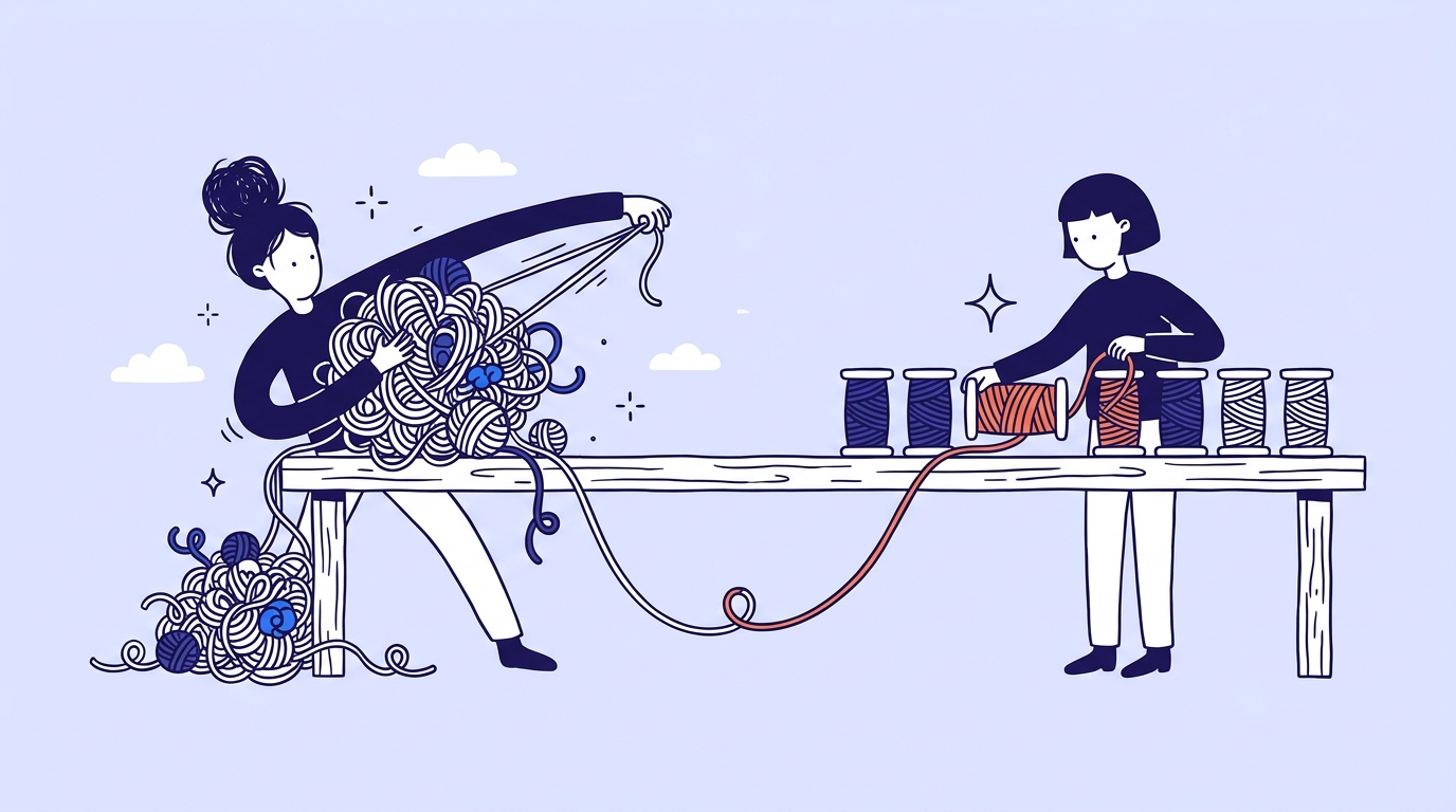 One character untangles a huge ball of yarn across a table while another winds it neatly onto spools