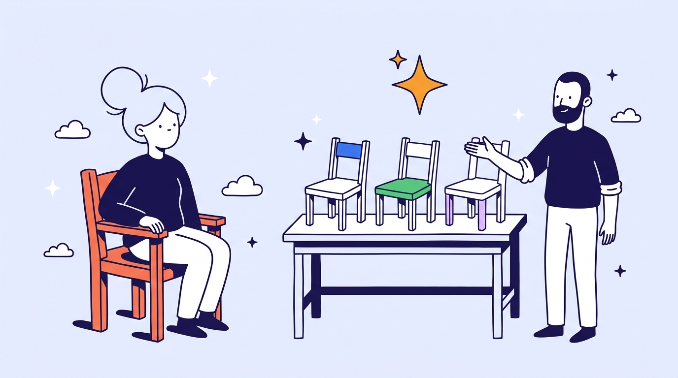 A character tests a handmade wooden chair while a craftsman character shows a row of chairs beside a workbench