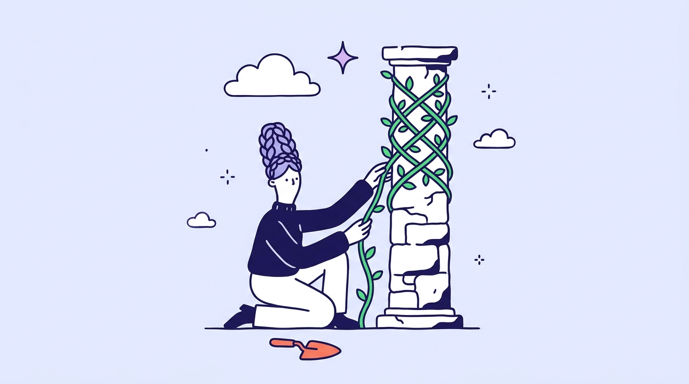 A character winds a young green vine around an old stone column while the vine forms a new lattice