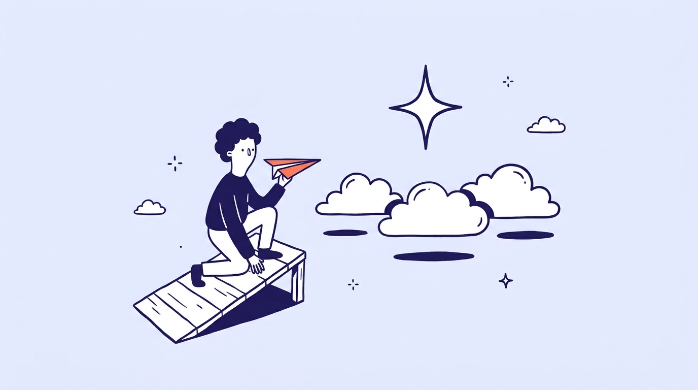 A character launching a small paper aeroplane from a short wooden ramp