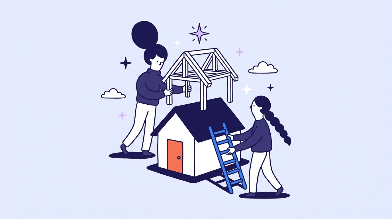 Two characters adding a second storey to a small cottage without tearing it down
