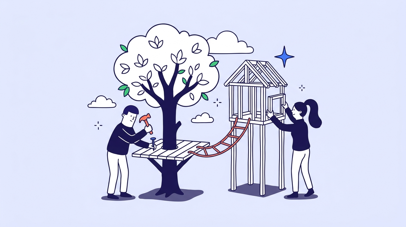 One character nails a platform onto a tree while another builds a separate small house on stilts beside it