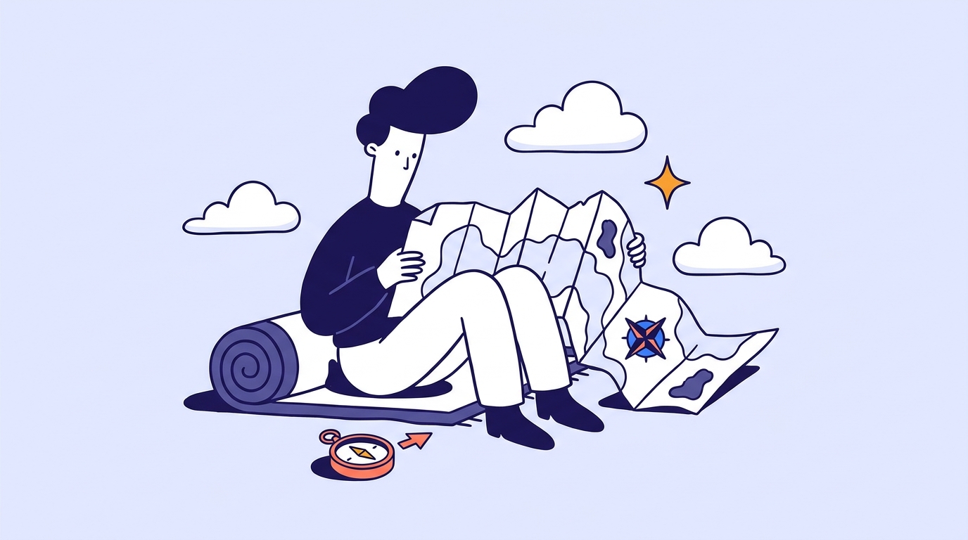 A character sitting on a rolled rug, unfolding a large paper map beside a small coral compass