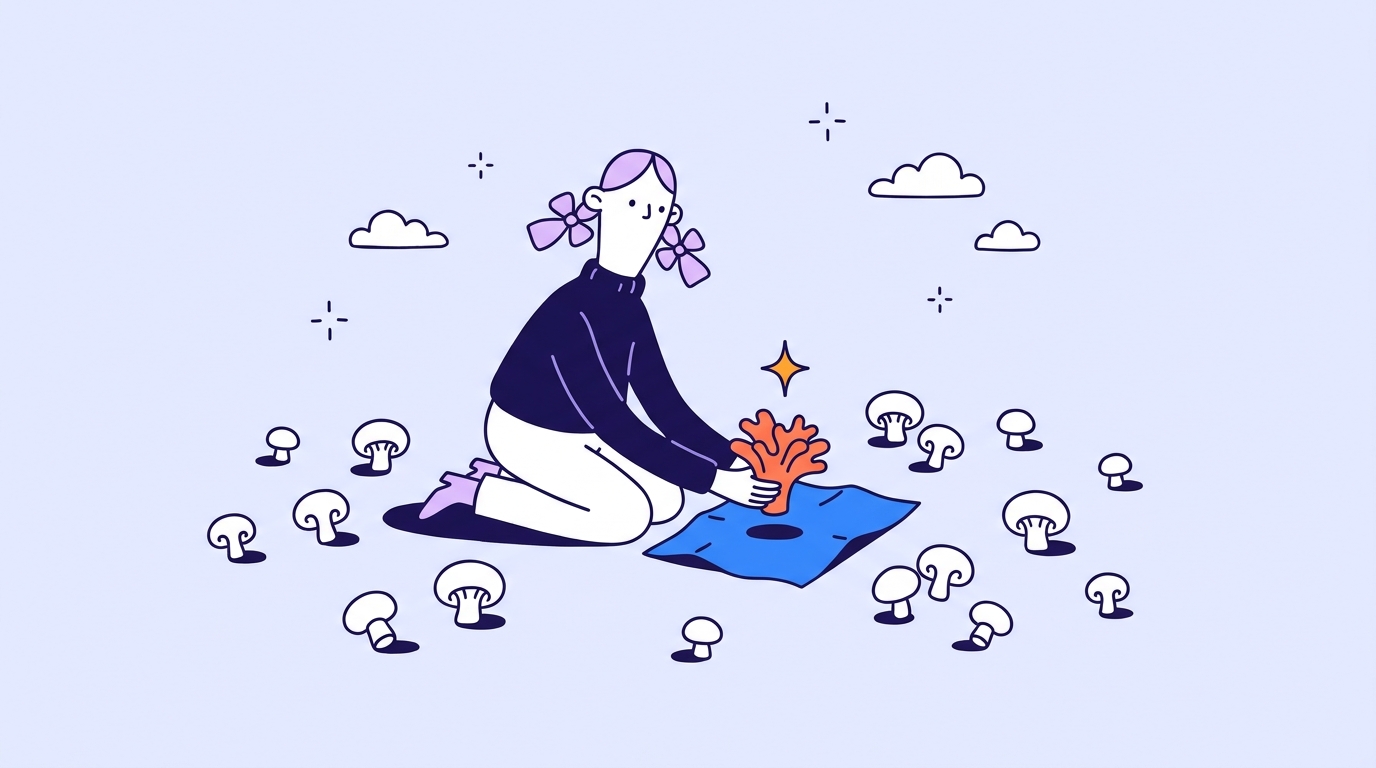Character kneeling among many mushrooms placing one coral mushroom onto a small cloth