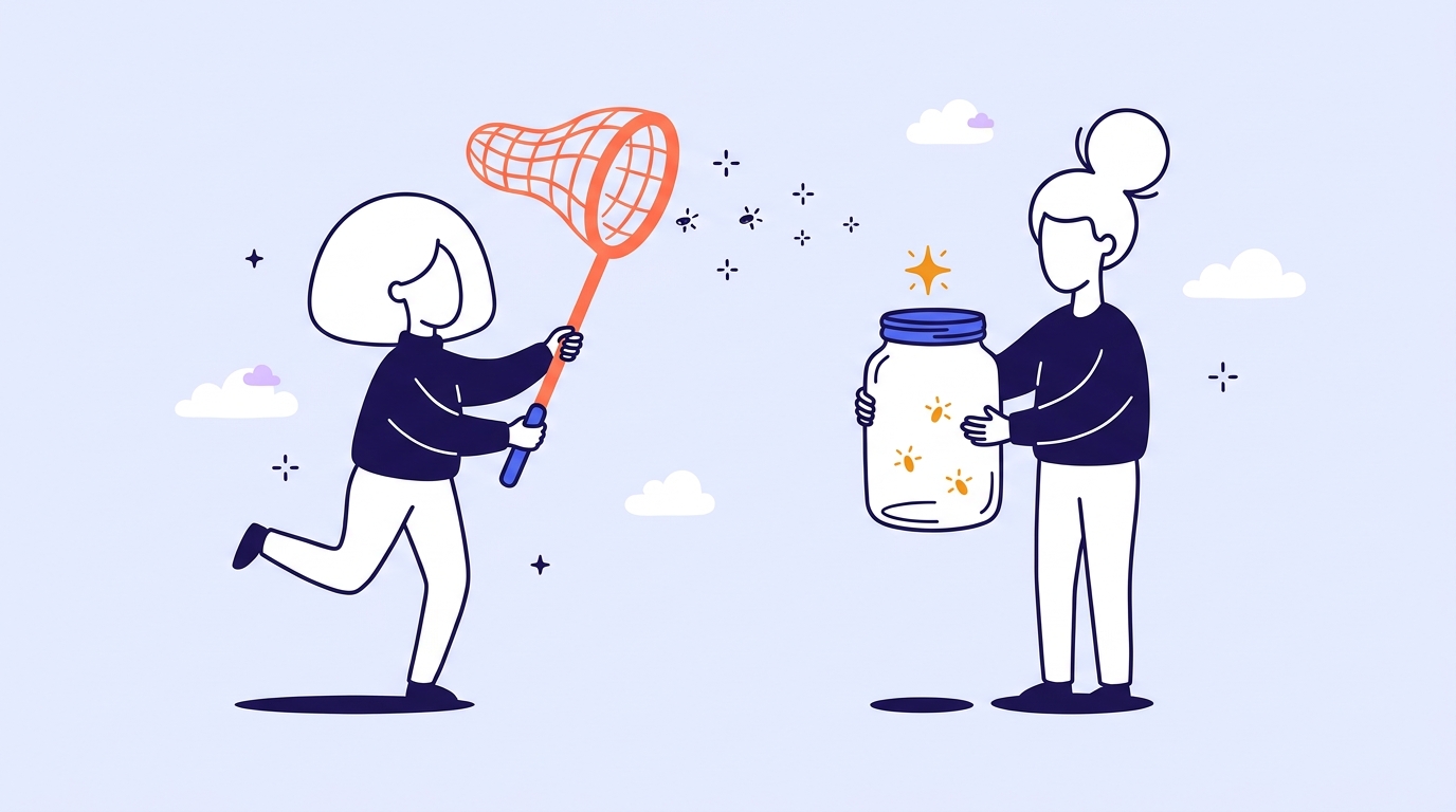 Character catching fireflies with a coral net while another holds a glowing jar, capturing SaaS analytics events