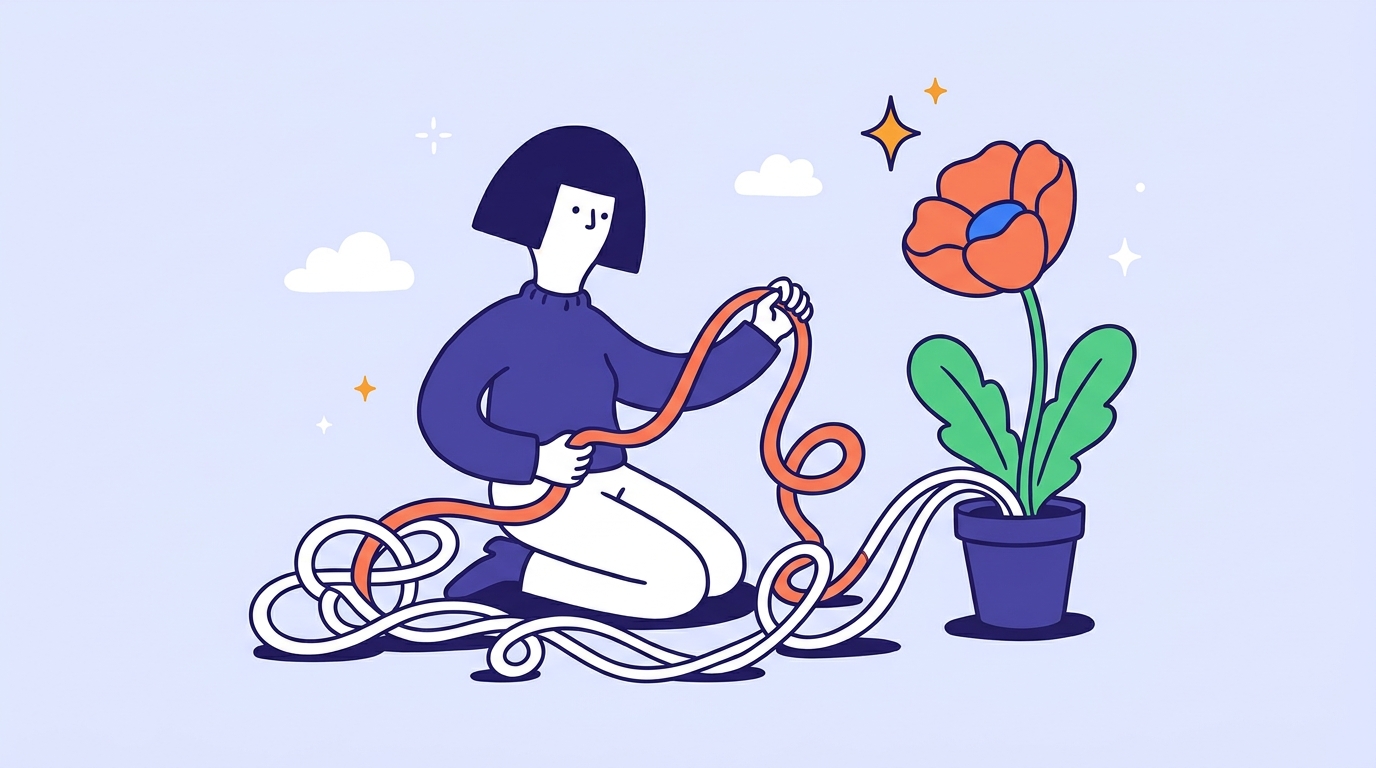 Kneeling character tracing a coral ribbon out of a tangle toward one blooming flower, like marketing attribution