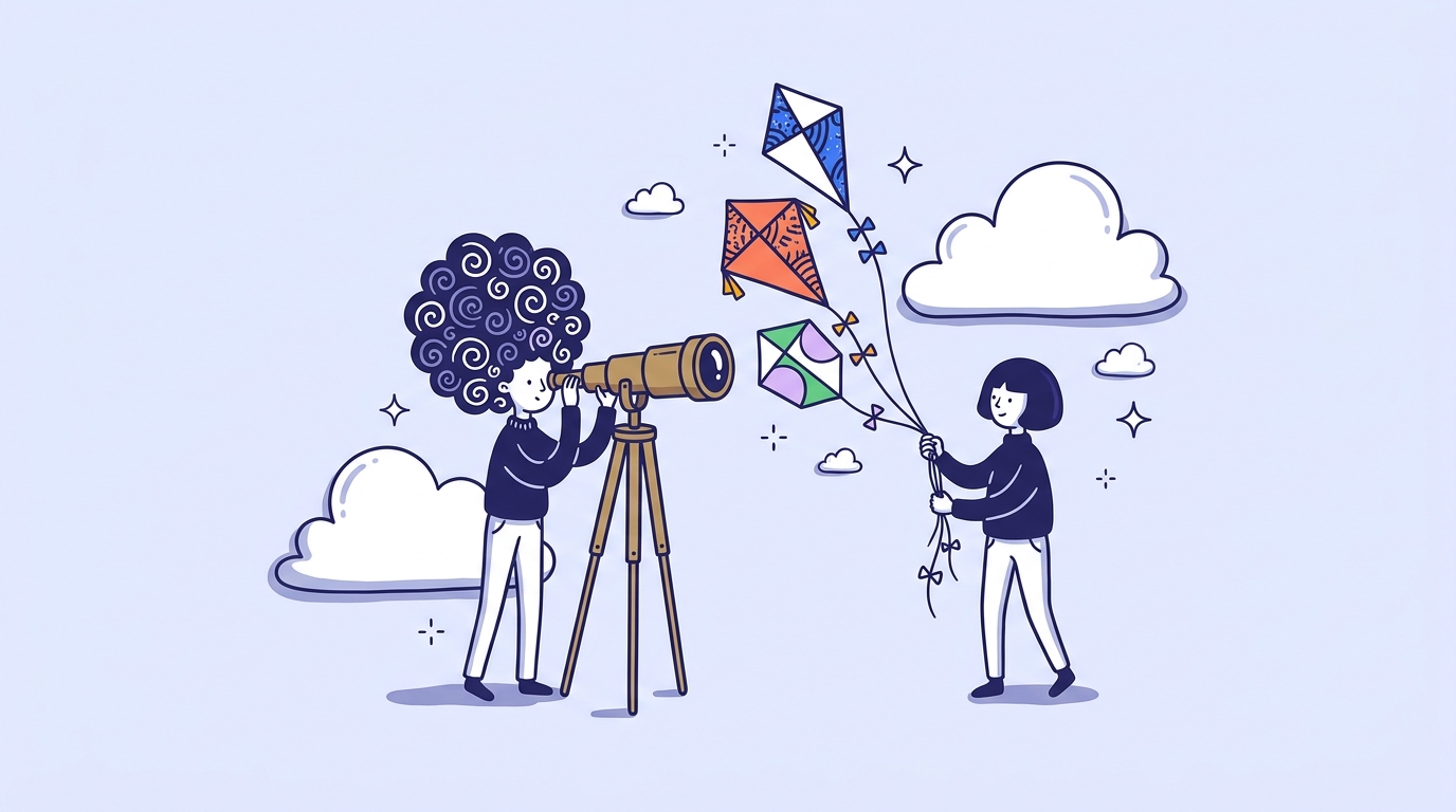 Character watching three drifting kites through a telescope, middle kite coral, like a few focused SaaS dashboards