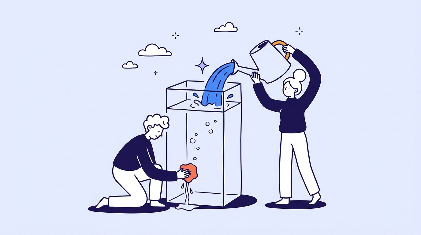 Two characters filling a tall glass tank while one seals a small leak near its base