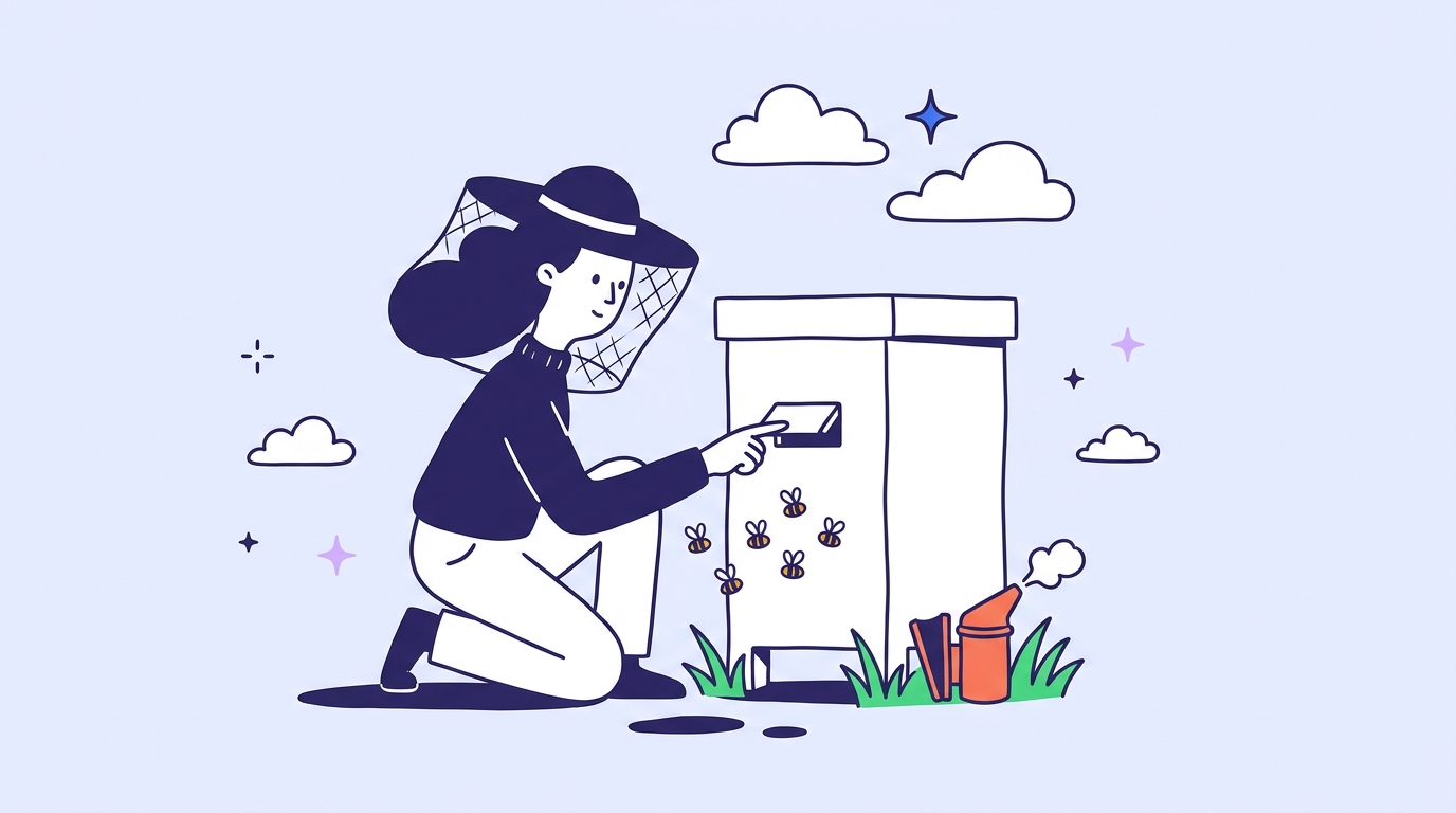 A beekeeper character in a veil closes the single small entrance of a white beehive while bees hover