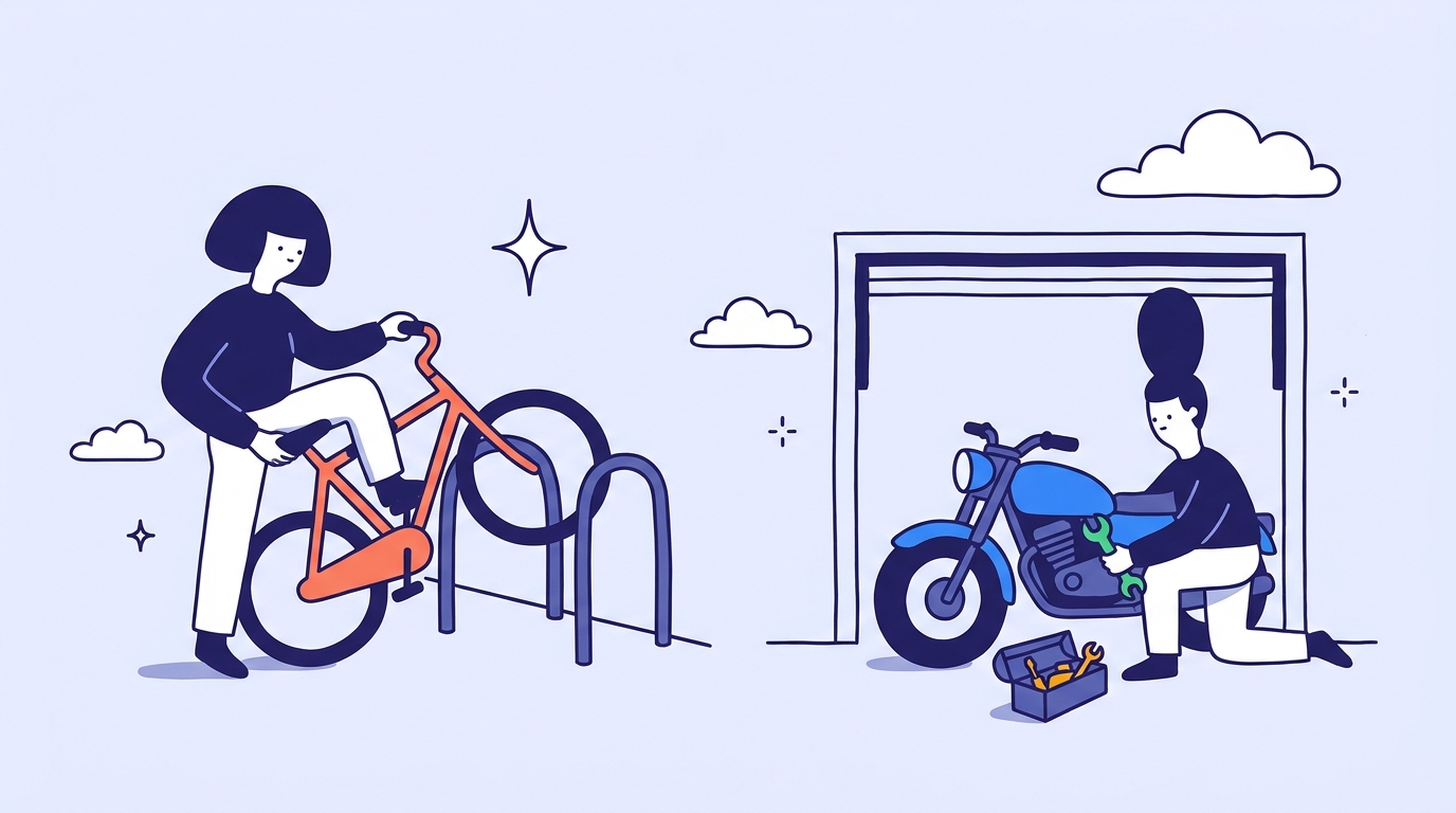 One character rents a bicycle from a public rack while another tunes their own motorbike in a garage
