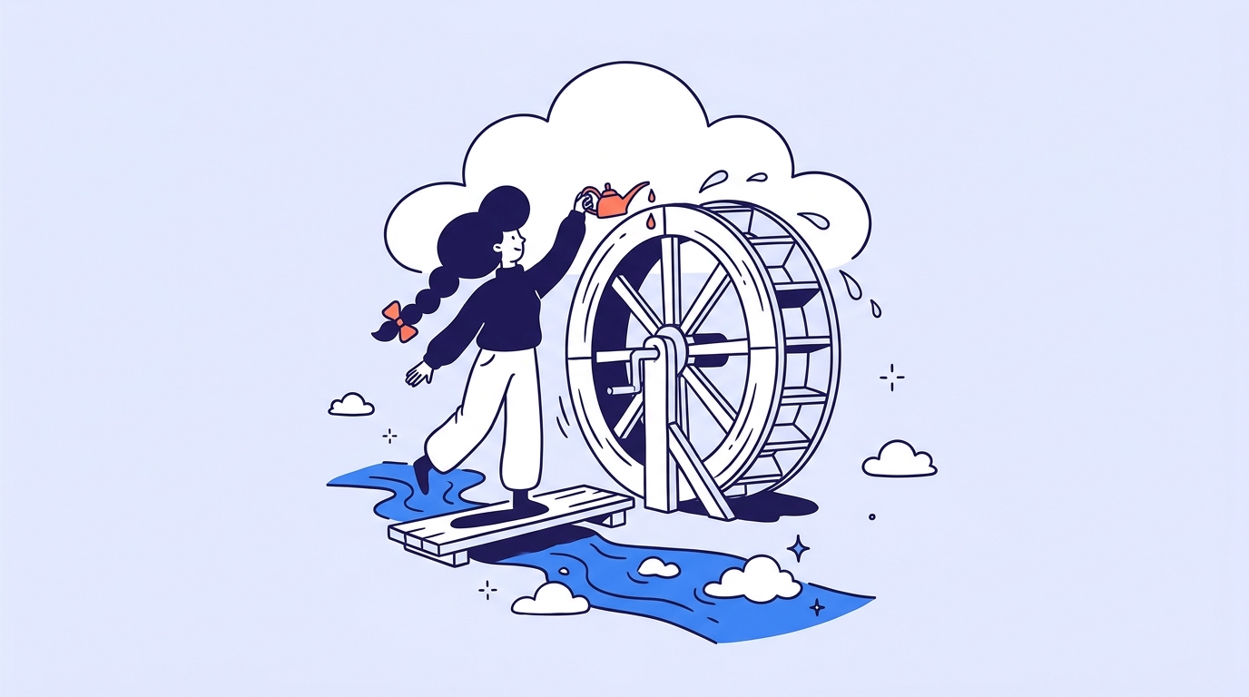 A character oils the joints of a large wooden waterwheel with a small oilcan while it keeps turning