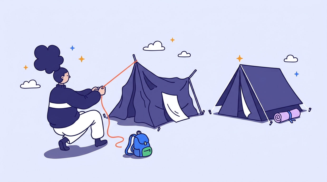 Character tightening the coral guy-line of a sagging tent while a taut neat tent stands beside it
