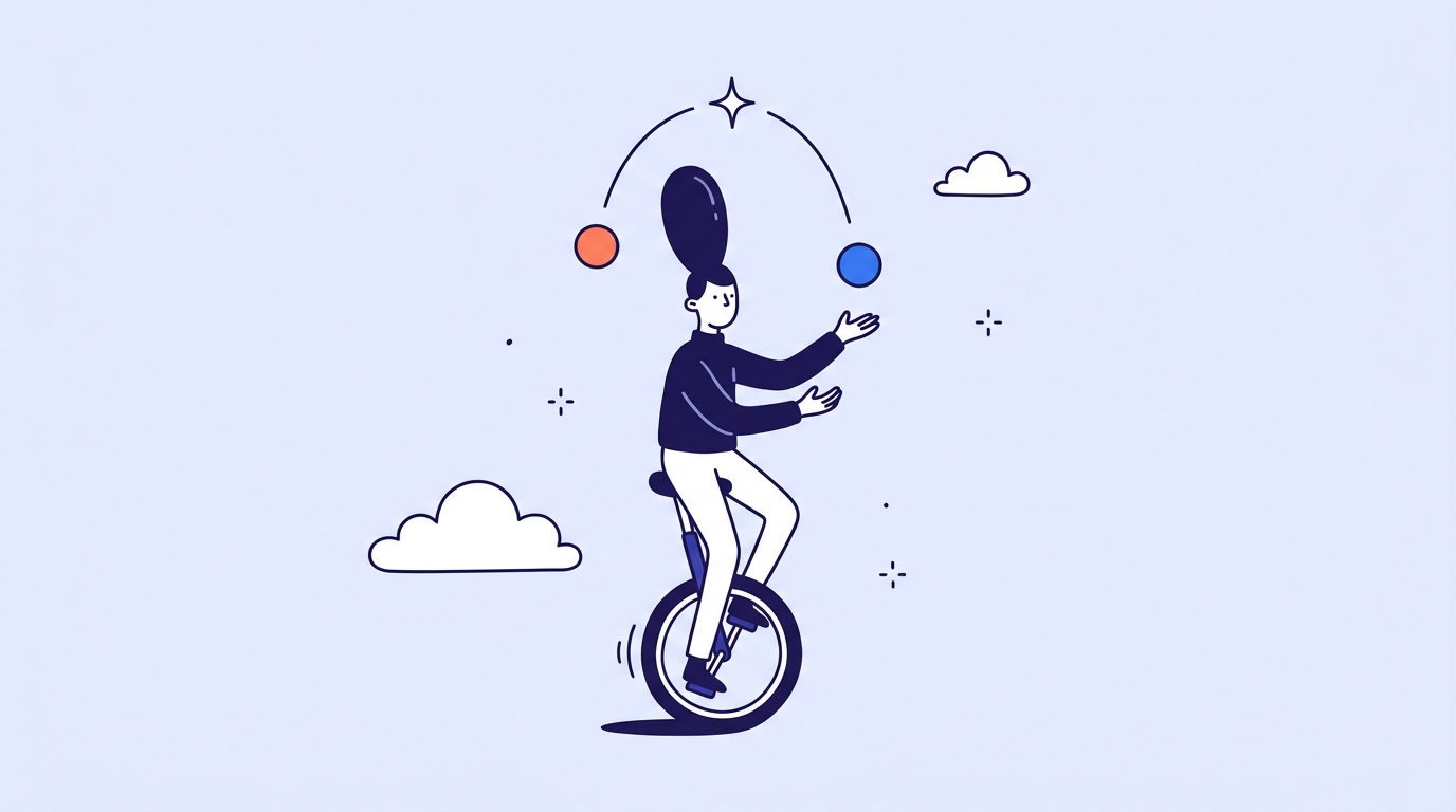 A character rides a unicycle while smoothly juggling three balls, one of them coral