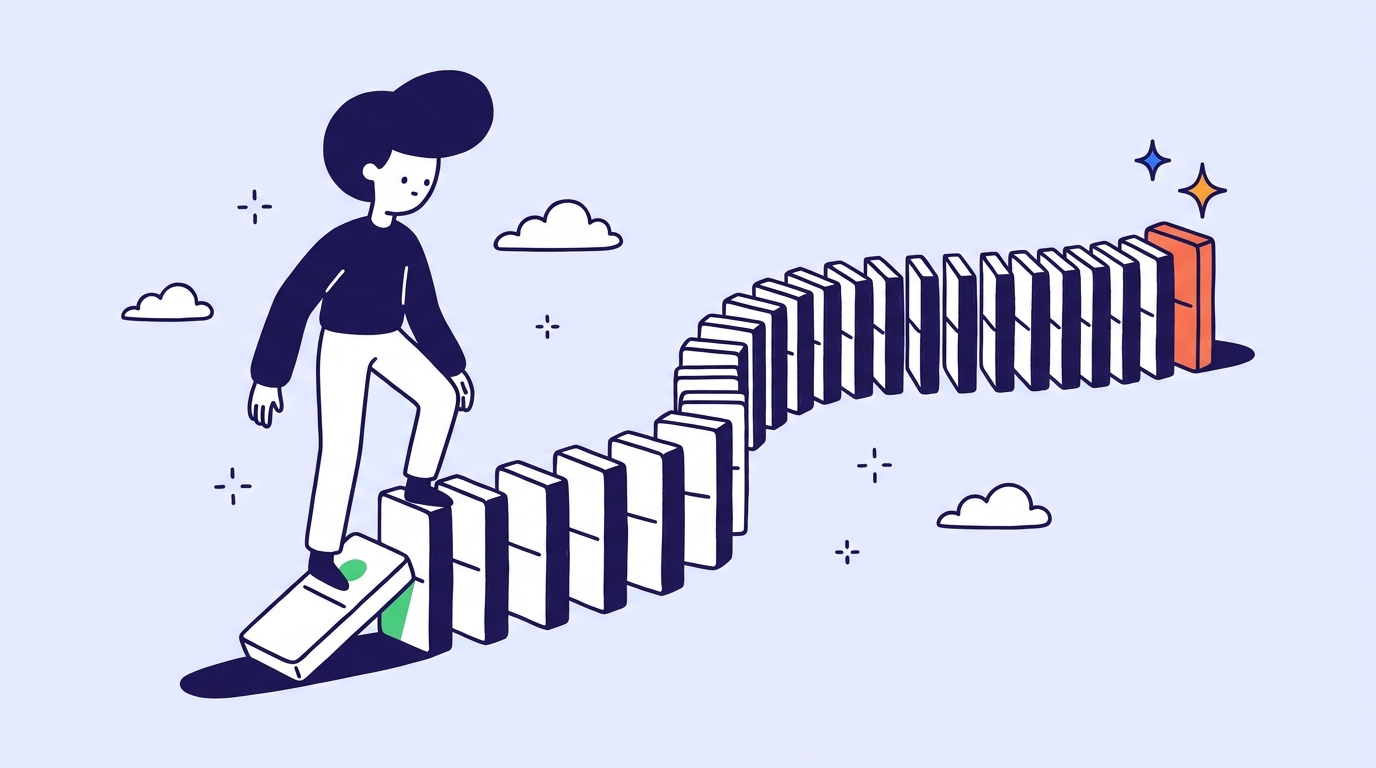Character setting up the first tile of a long curving line of dominoes ending in a coral tile